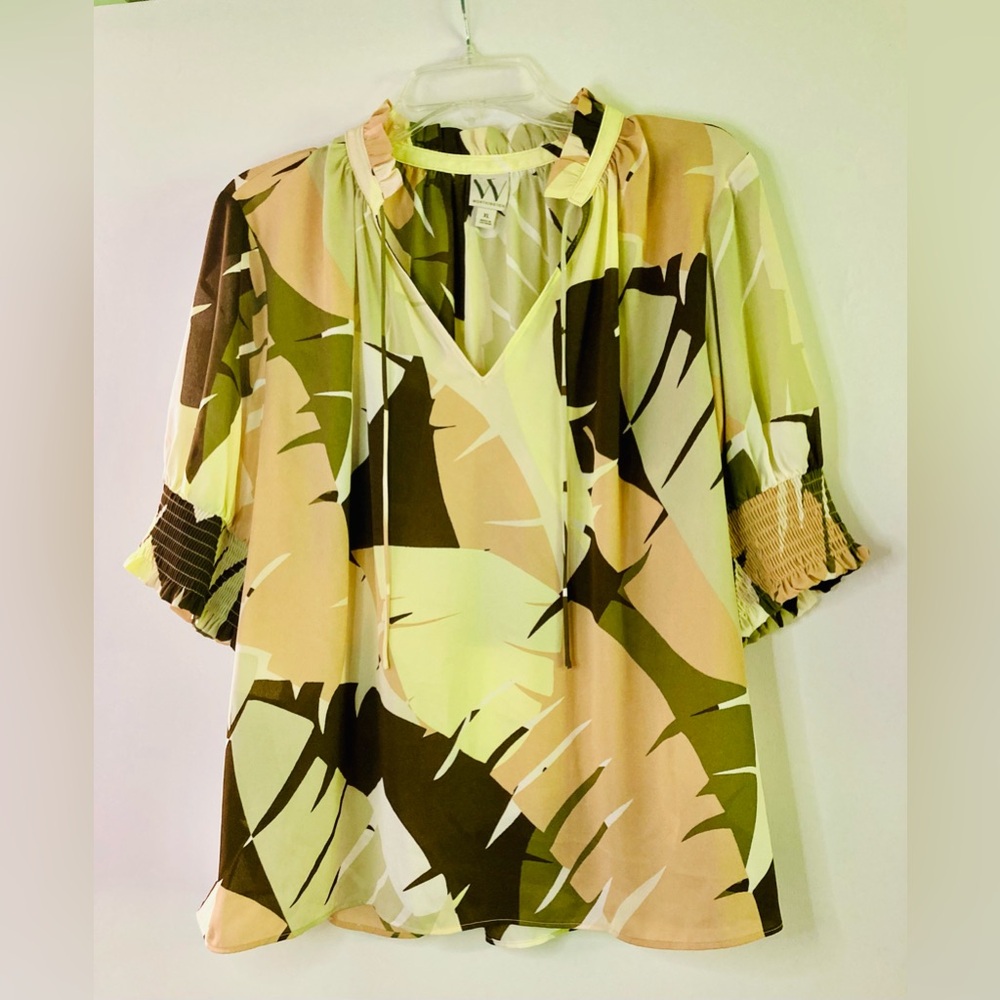 Worthington Floral Palm Leaves Balloon Sleeve Blouse Shirt Size XL